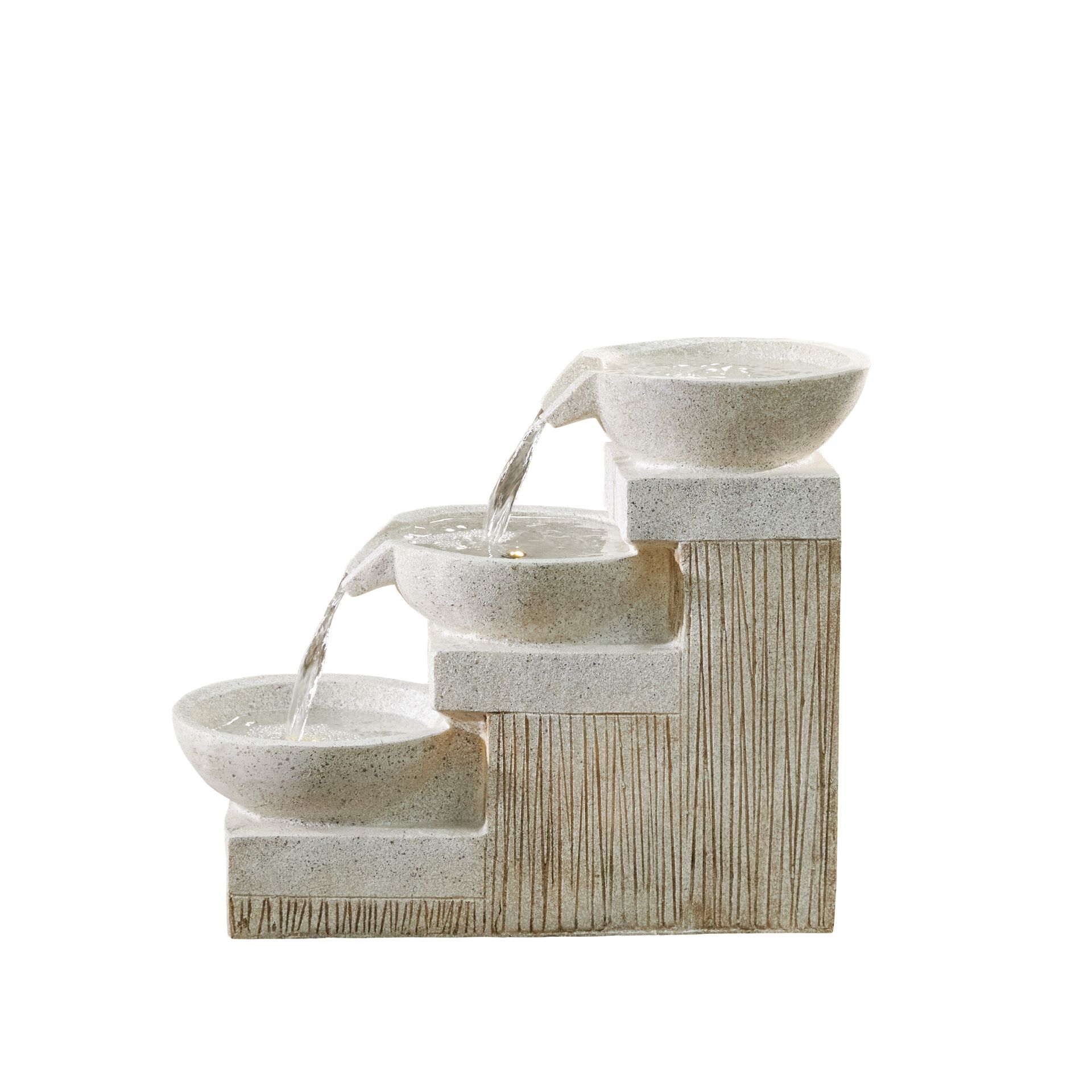 Indoor water fountain with tiered bowls and flowing water.