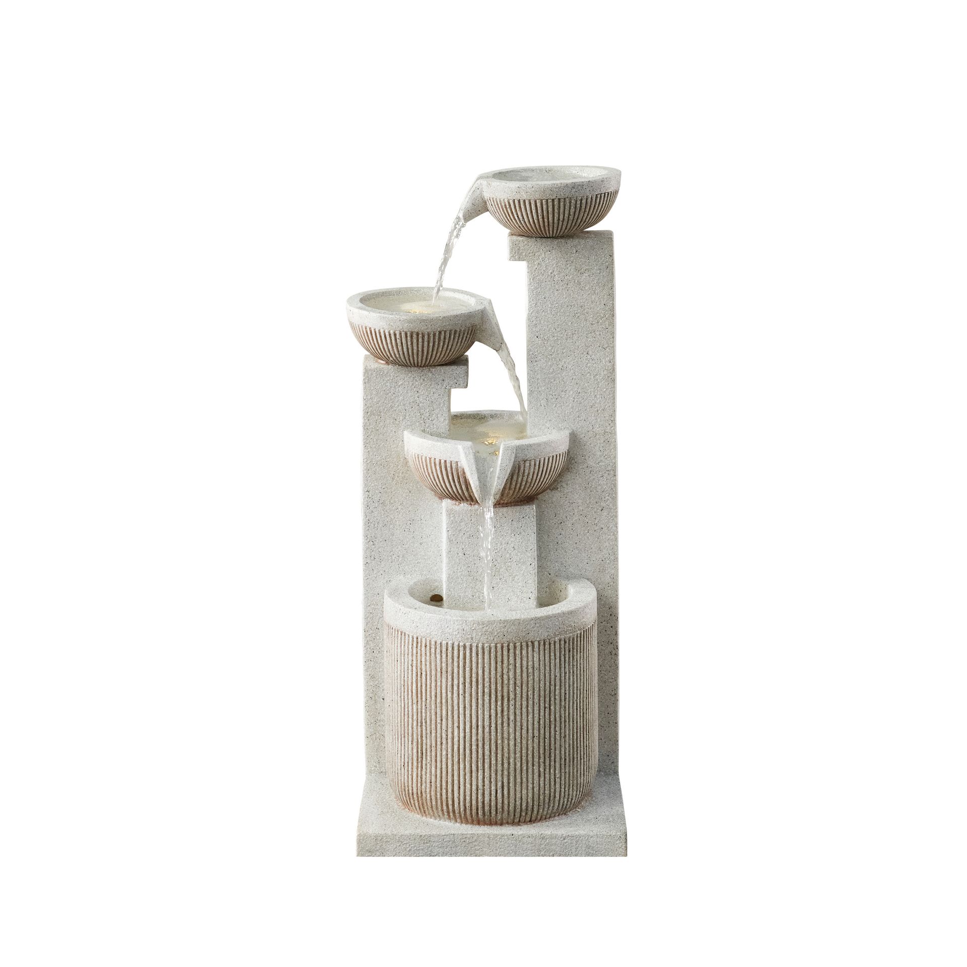 Beige tiered water fountain with bowls, water flowing.