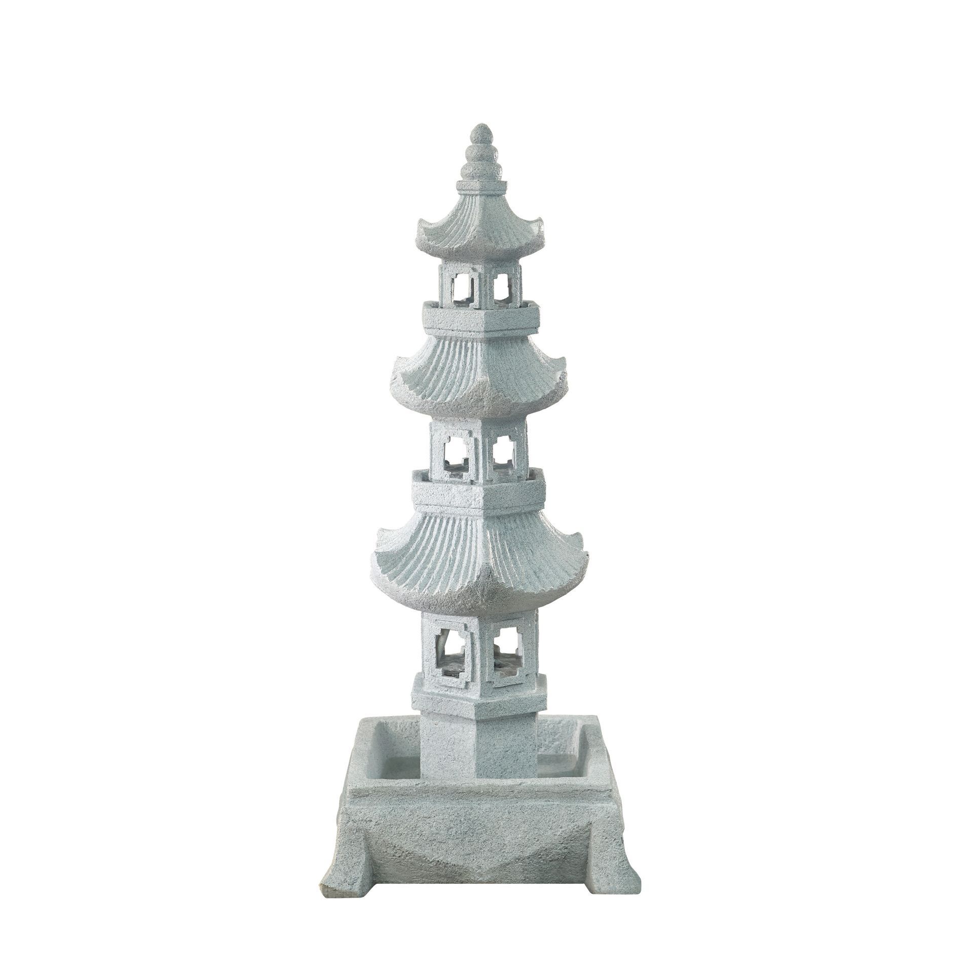 Stone pagoda water fountain, gray, with tiered levels, in a square basin.