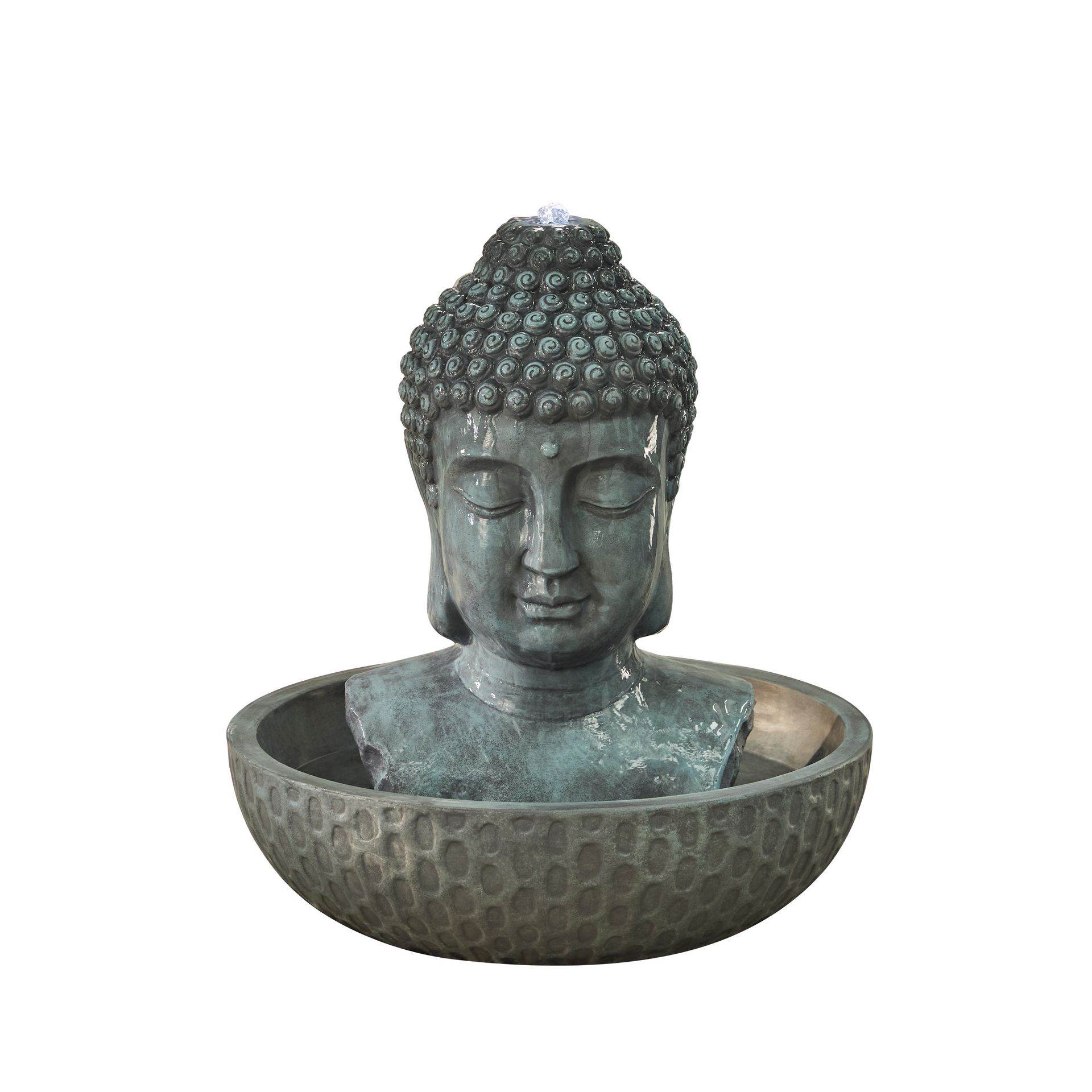 Buddha head fountain with water flowing into a textured bowl, muted green-gray color.