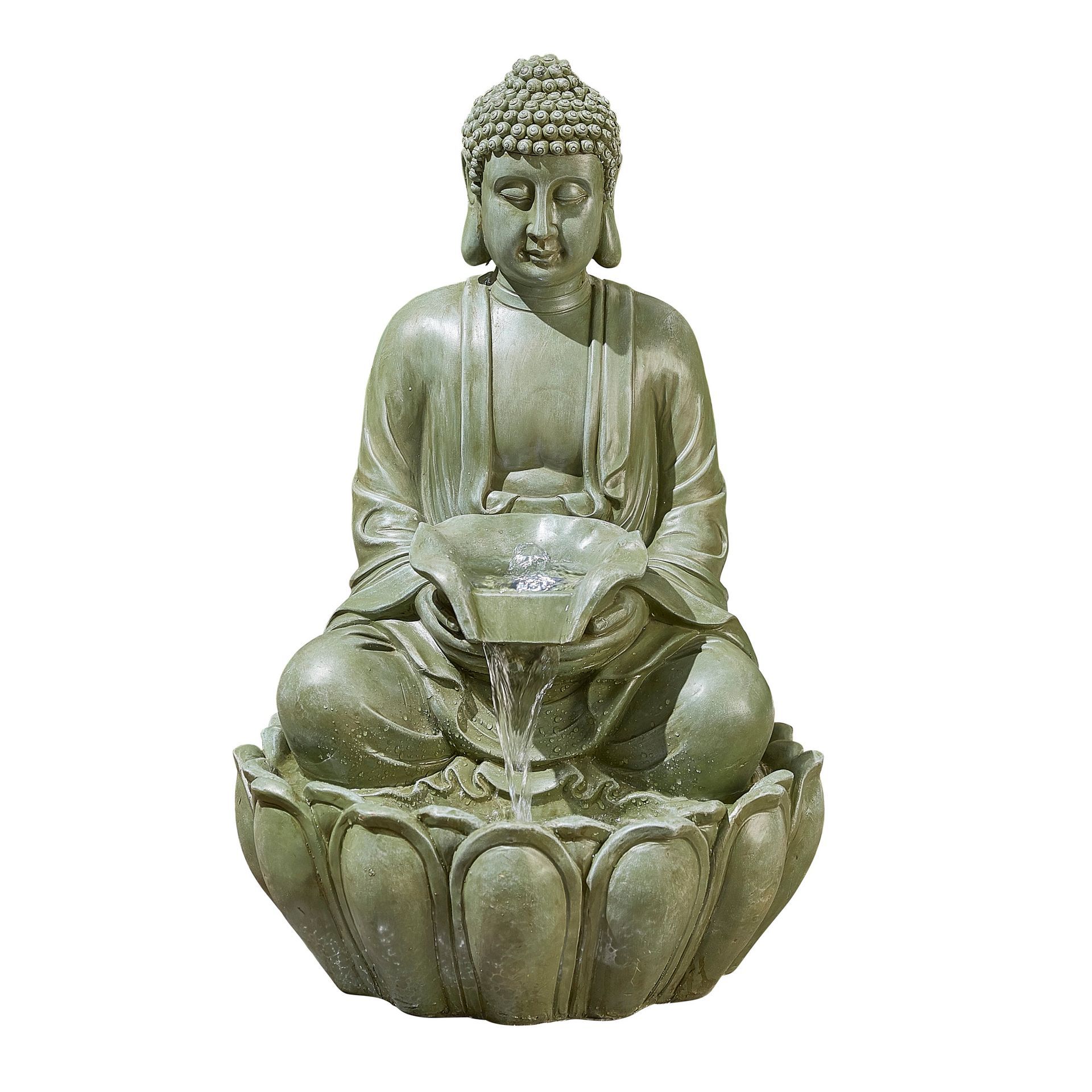 Buddha statue water fountain, gray stone. Buddha sits in lotus pose, water flows into the bowl beneath.