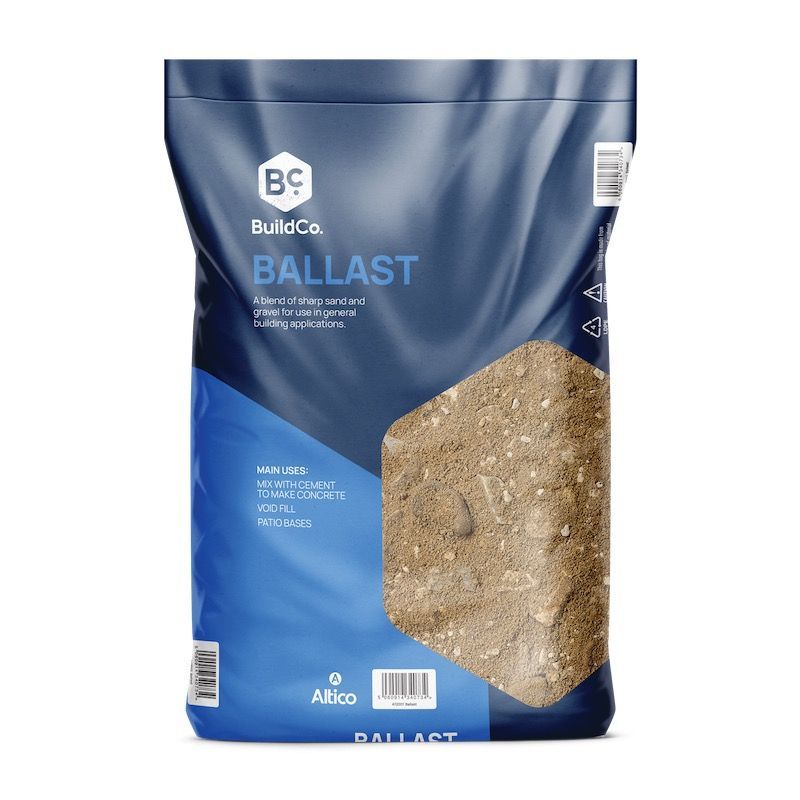 Bag of BuildCo. ballast for concrete and paving, with a view of the material.