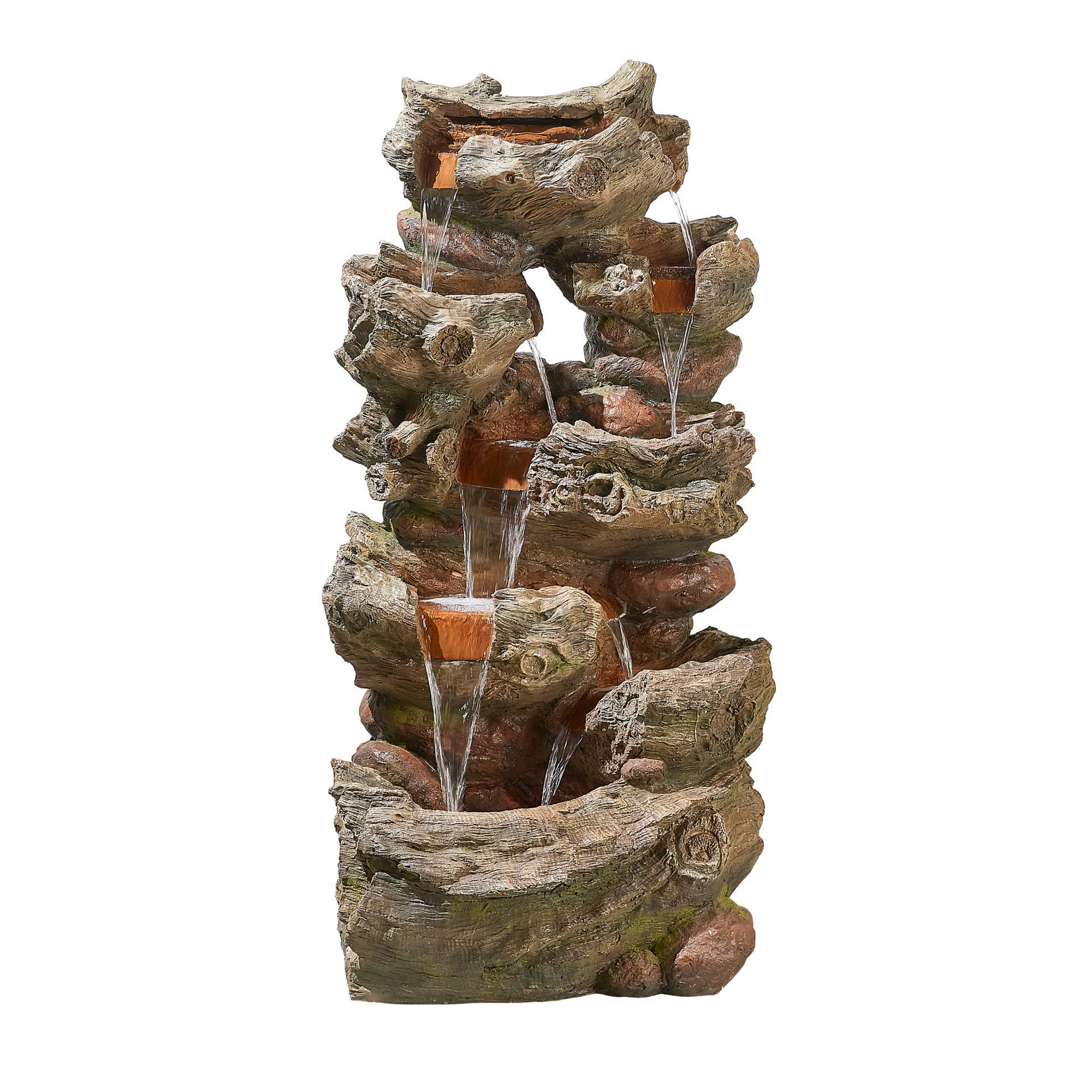 A tiered outdoor fountain made of rock-like material, water cascading down through the levels.
