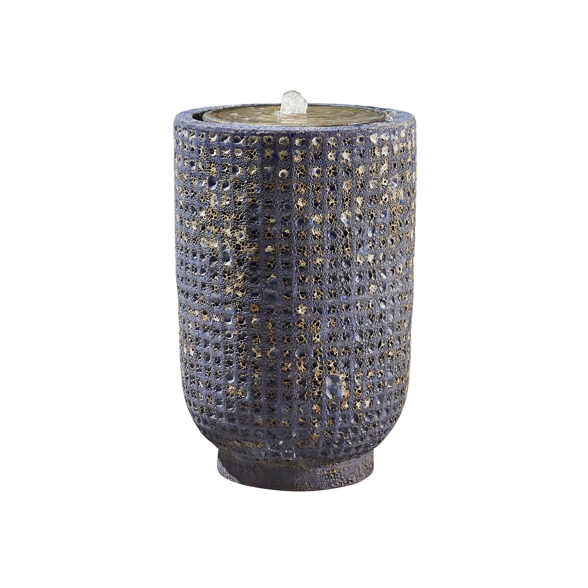 Stone water fountain with textured surface, water flowing from the top.