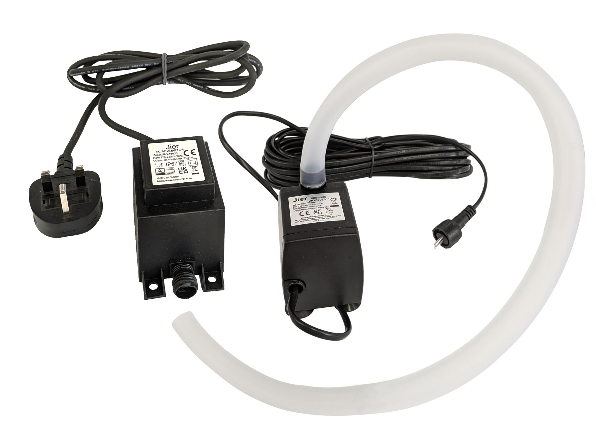 Two black water pumps with a white hose and power cables. A UK power plug is visible.