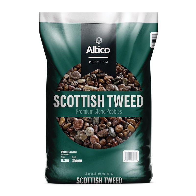 Bag of Altico Scottish Tweed premium stone pebbles; dark brown and tan, in a green bag.