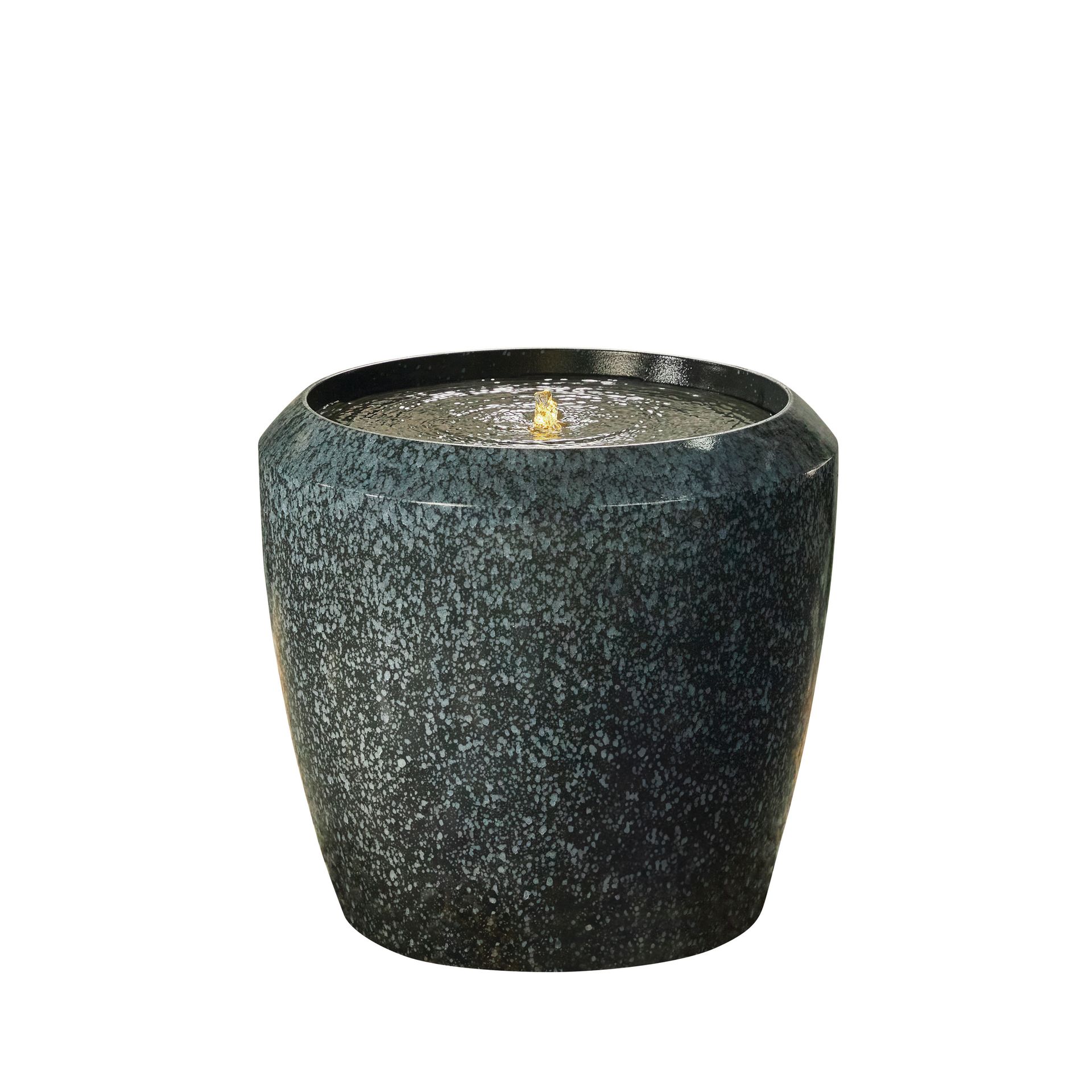 Dark speckled stone-like water fountain with water inside.