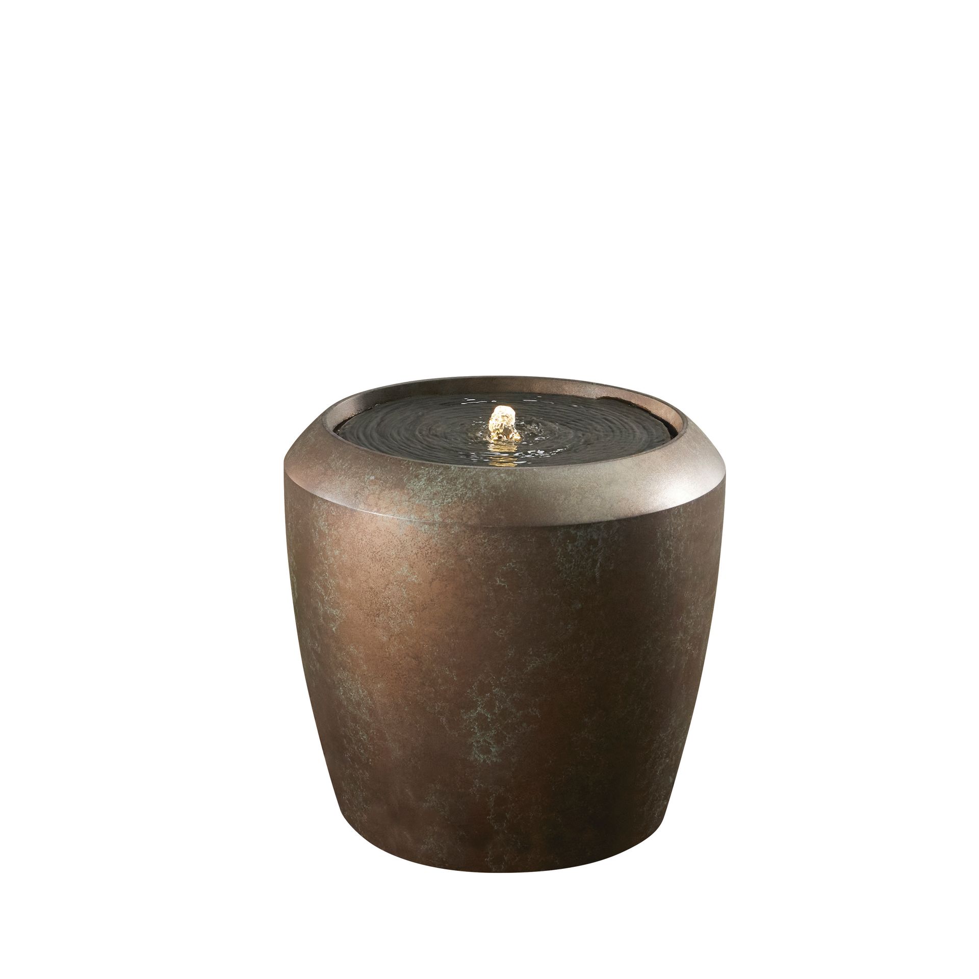 Bronze water fountain with water spouting from center.