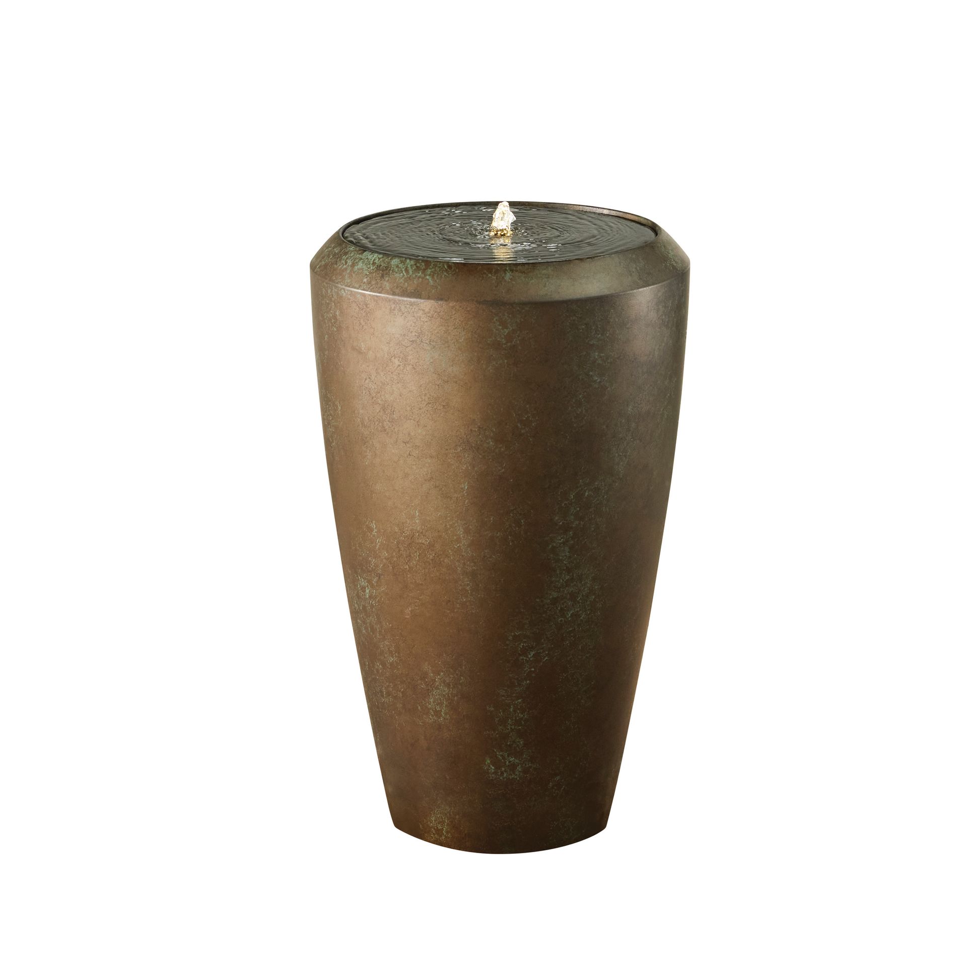 Bronze-colored outdoor water fountain with a single jet of water rising from the top.