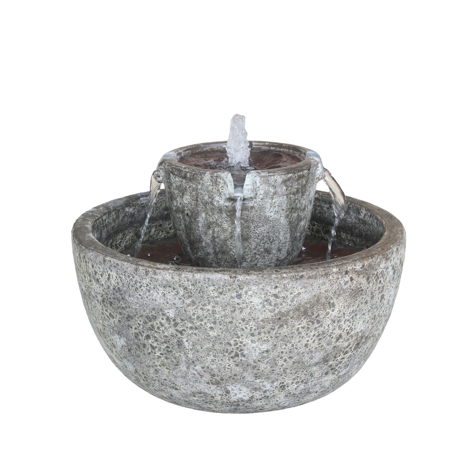 Water fountain with a small pot in a larger bowl, water flowing.