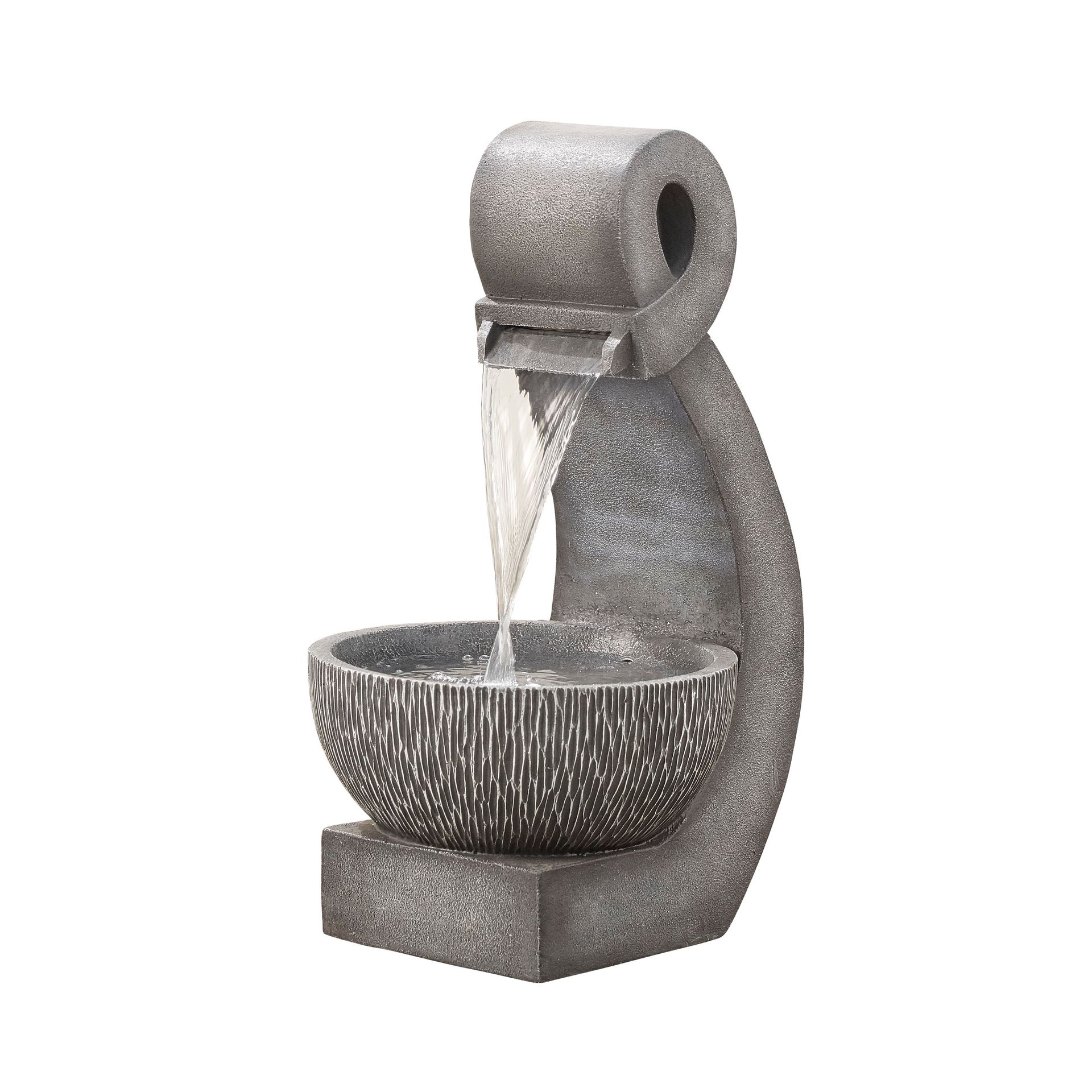 Gray stone water fountain with water cascading into a bowl, on a white background.