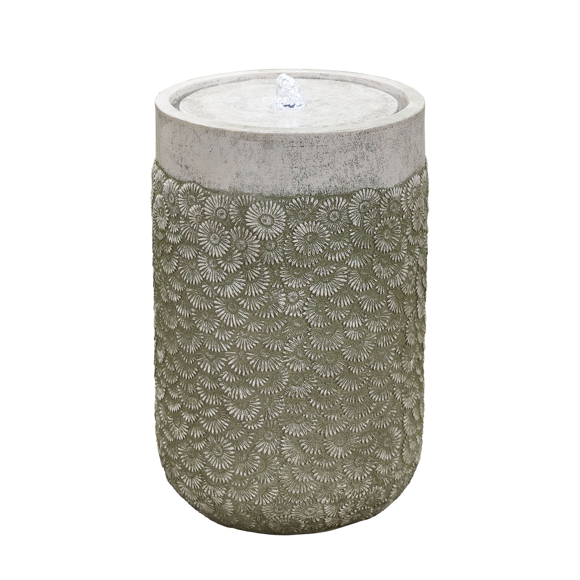 Stone outdoor water fountain with textured surface, light gray top, water spout.