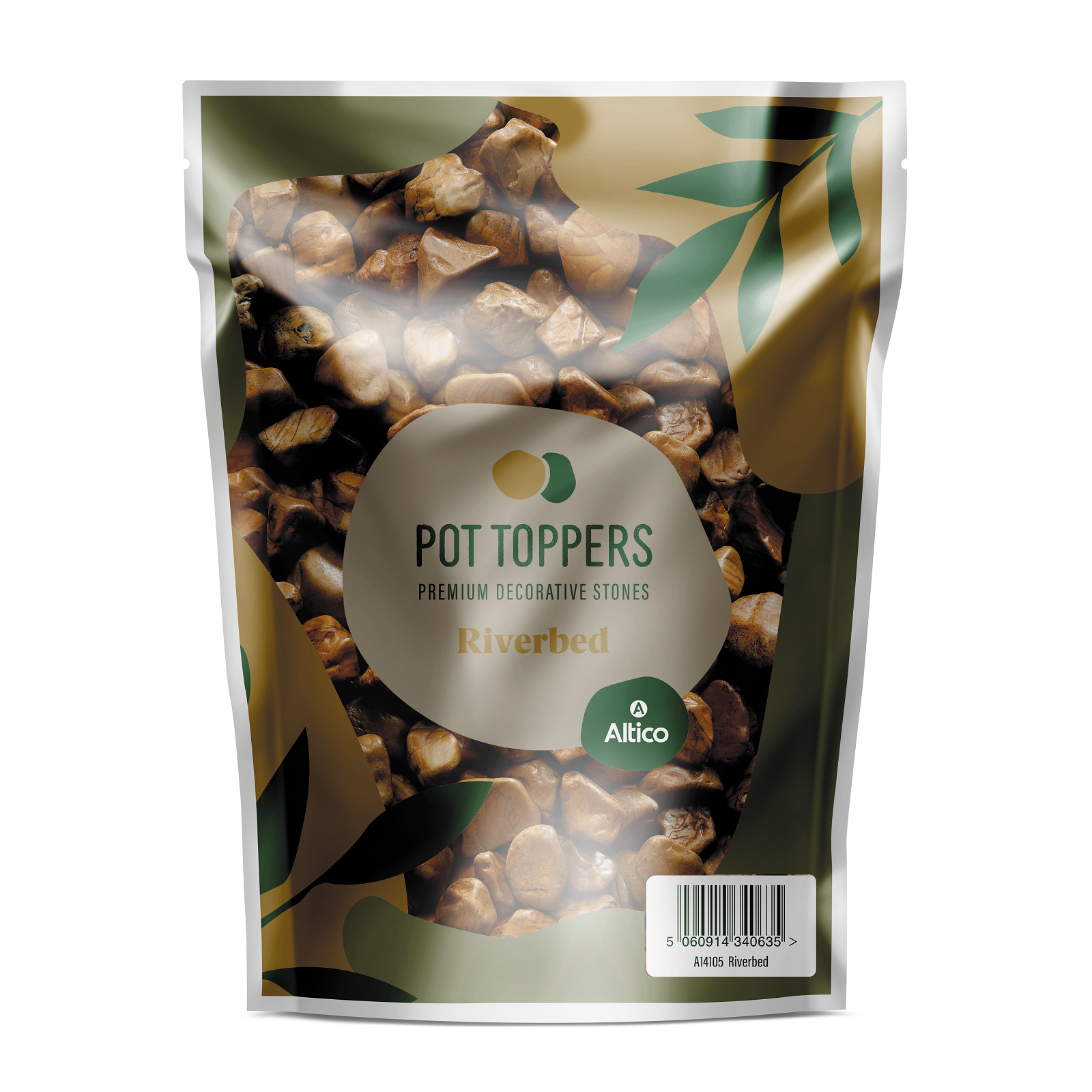 Bag of riverbed pot toppers, brown stones, with green leaf accents on packaging.