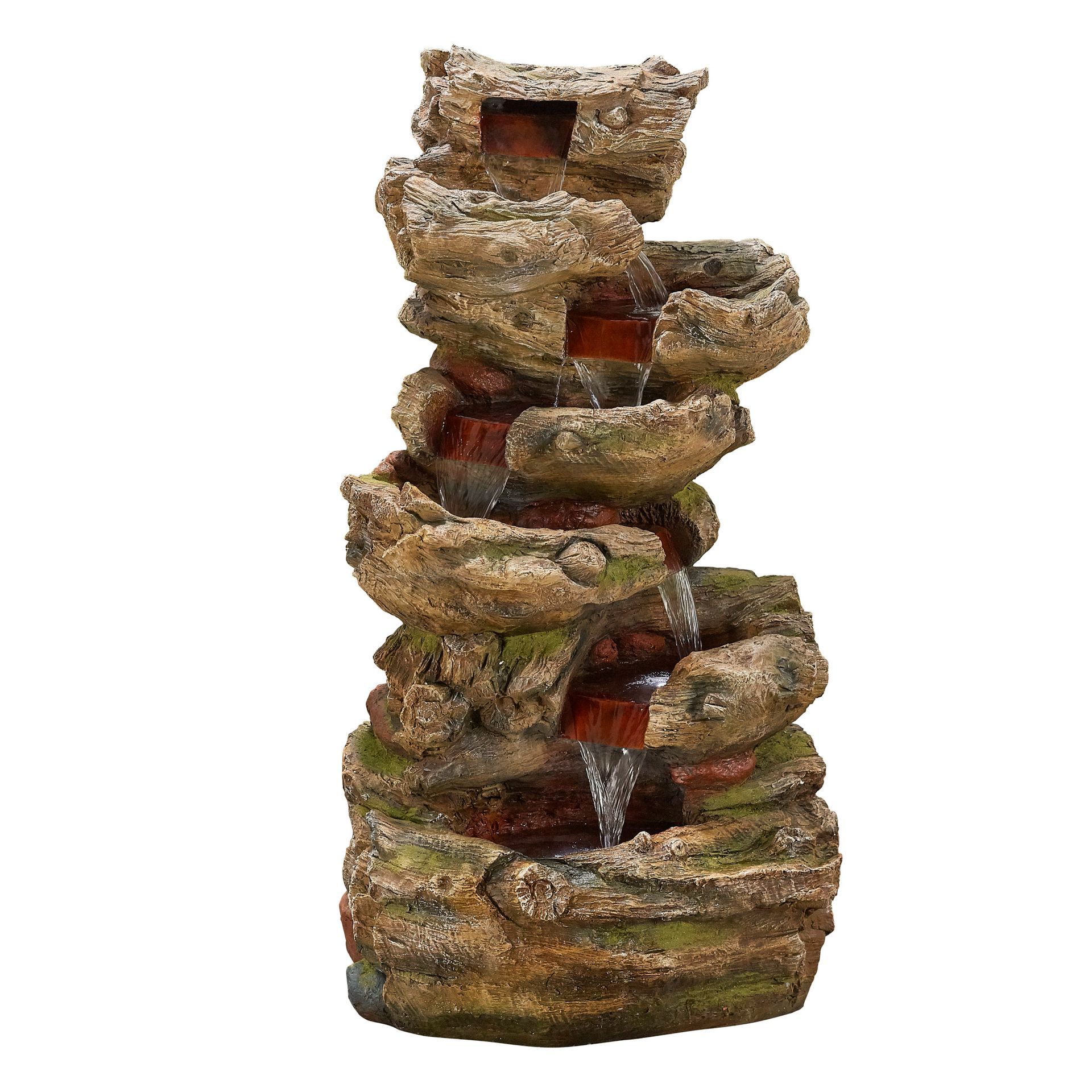 Rock-like tiered water fountain with cascading water. Brown and green colored, simulating a natural waterfall.