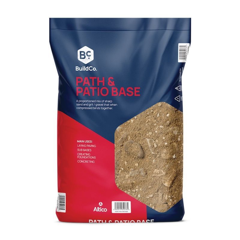 Bag of BuildCo Path & Patio Base, blue and red with sample of aggregate.