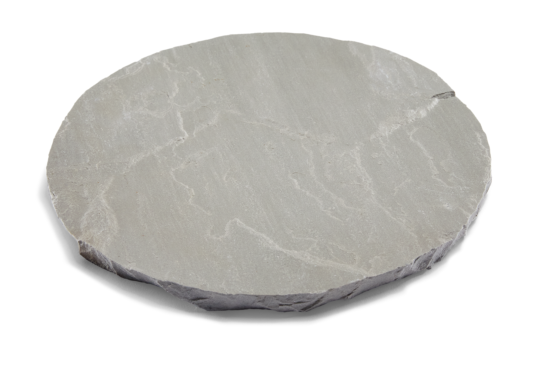 Gray, circular stepping stone with rough edges on a white background.