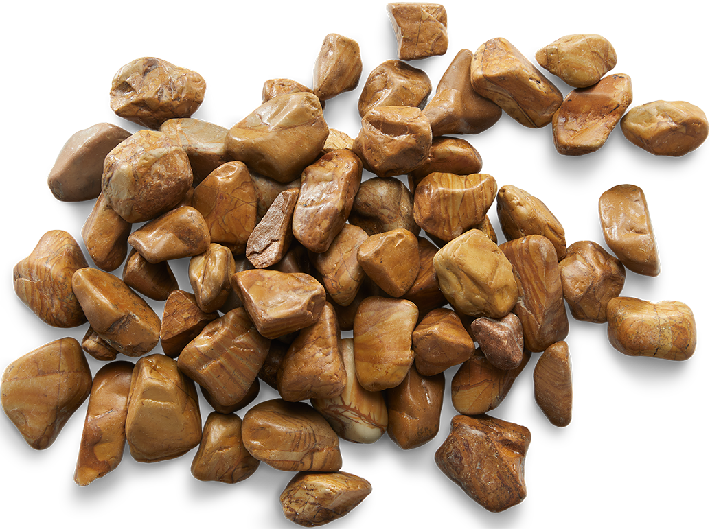 Brown river rocks, smooth and rounded, scattered on a white background.