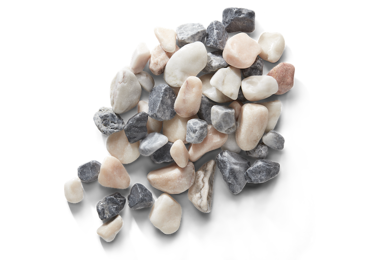 Pile of smooth, multicolored landscaping pebbles: white, gray, and peach hues.