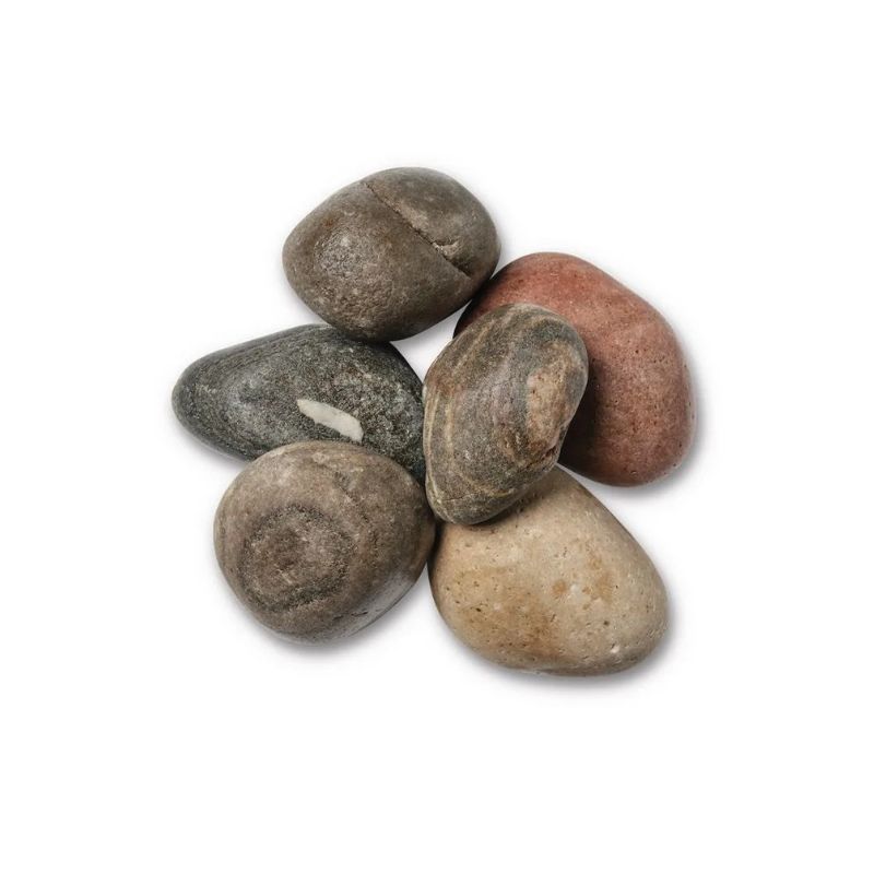 Six smooth, rounded river rocks in shades of brown, gray, and reddish-brown, arranged in a small pile.