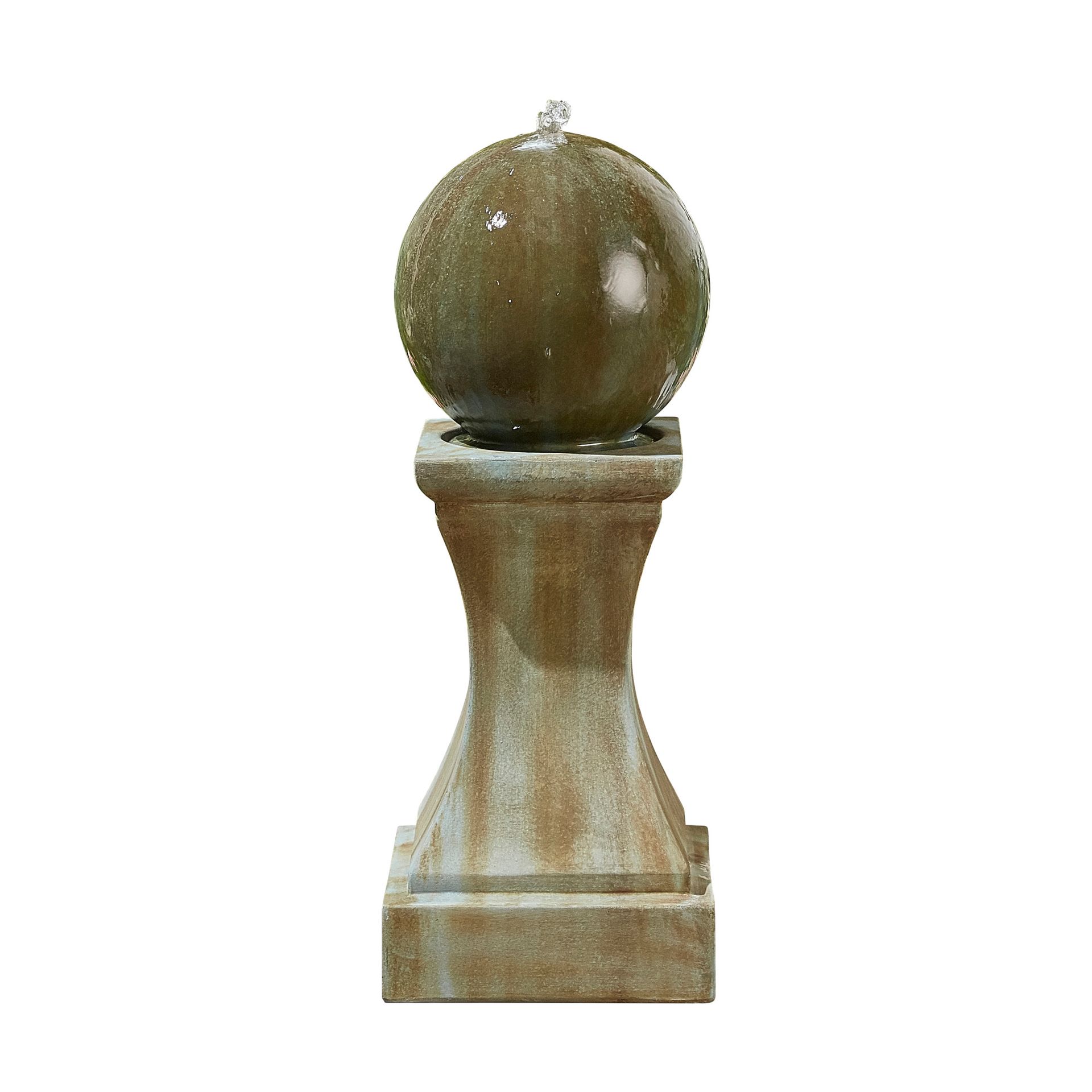 Stone sphere water fountain on pedestal, spraying water.