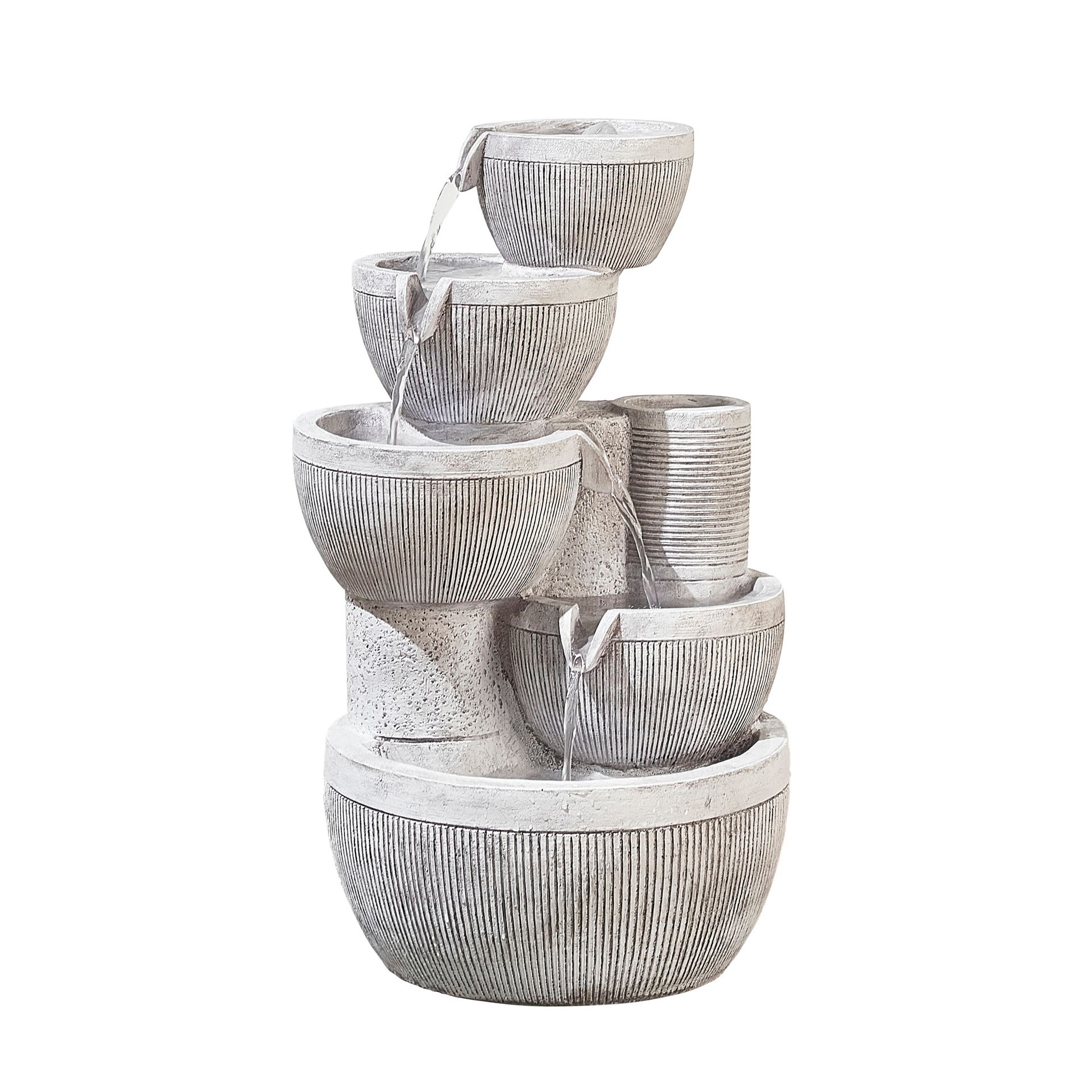Tiered outdoor water fountain with a wood-grain texture, water cascading down bowls.