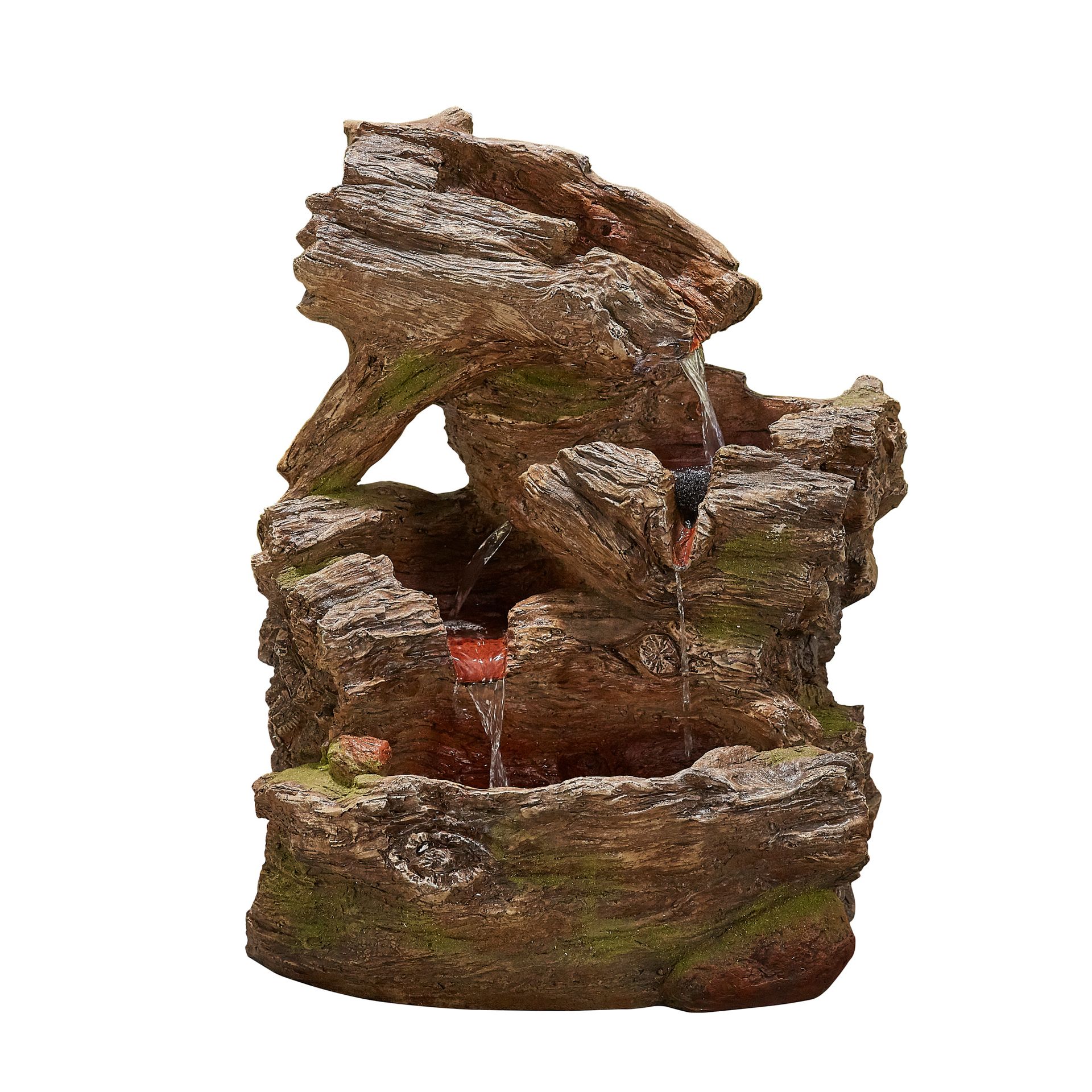 Small rock-like water fountain with water cascading down, brown with green moss and a red light in the base.
