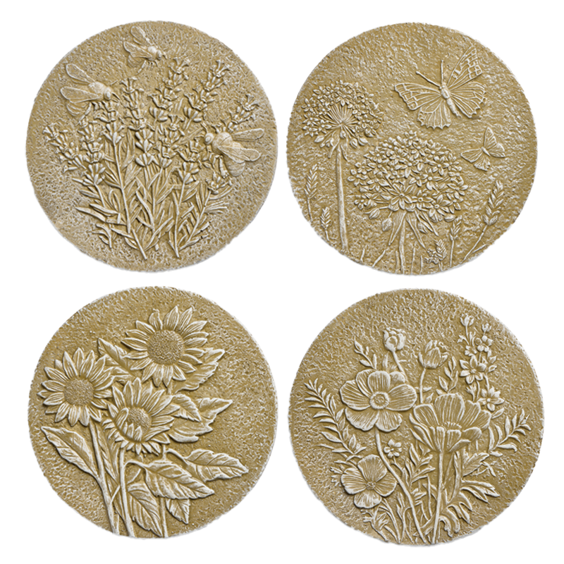 Four round coasters with floral designs: lavender with bees, dandelions with butterflies, sunflowers, and mixed wildflowers.