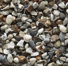 Pile of mixed gray, beige, and brown gravel stones on a white background.