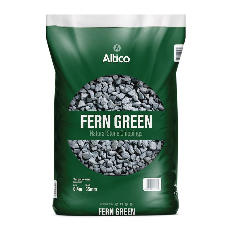 Bag of Fern Green natural stone chippings with green and white packaging.