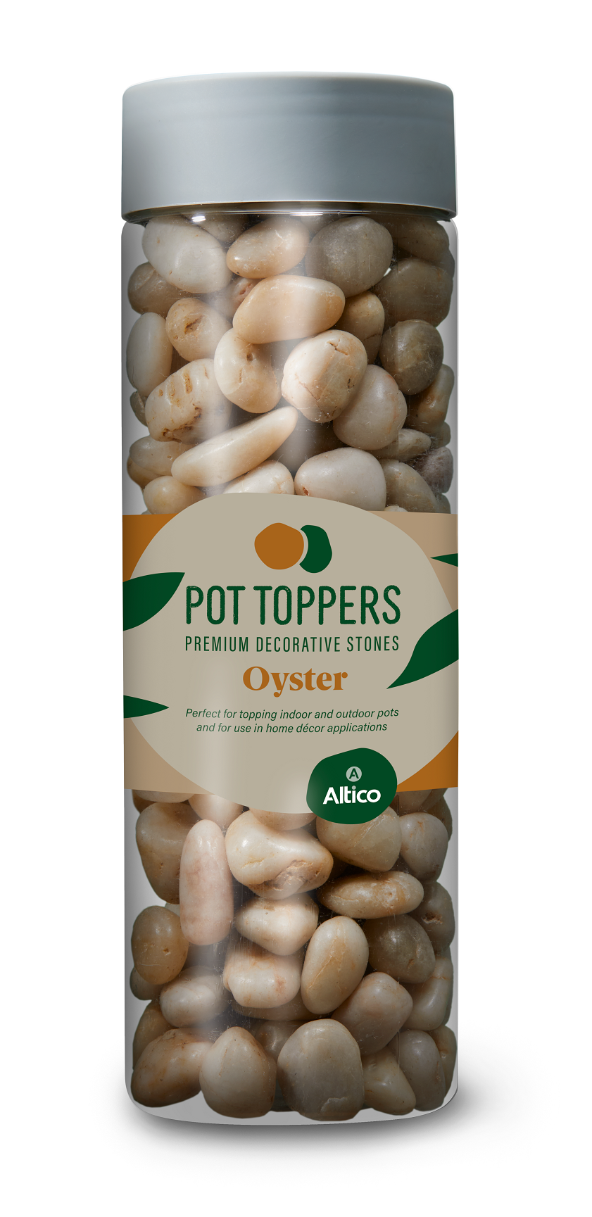 A cylindrical plastic jar filled with oyster-colored pebbles, labeled 