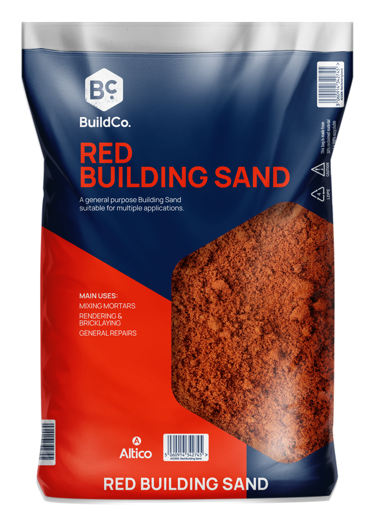 Bag of red building sand by BuildCo. in a white, blue, and red bag.