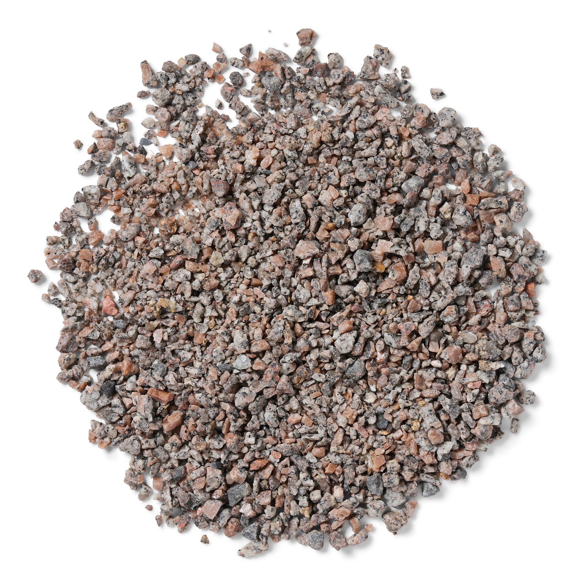 Pile of small, reddish-brown and gray gravel-like material against a white background.