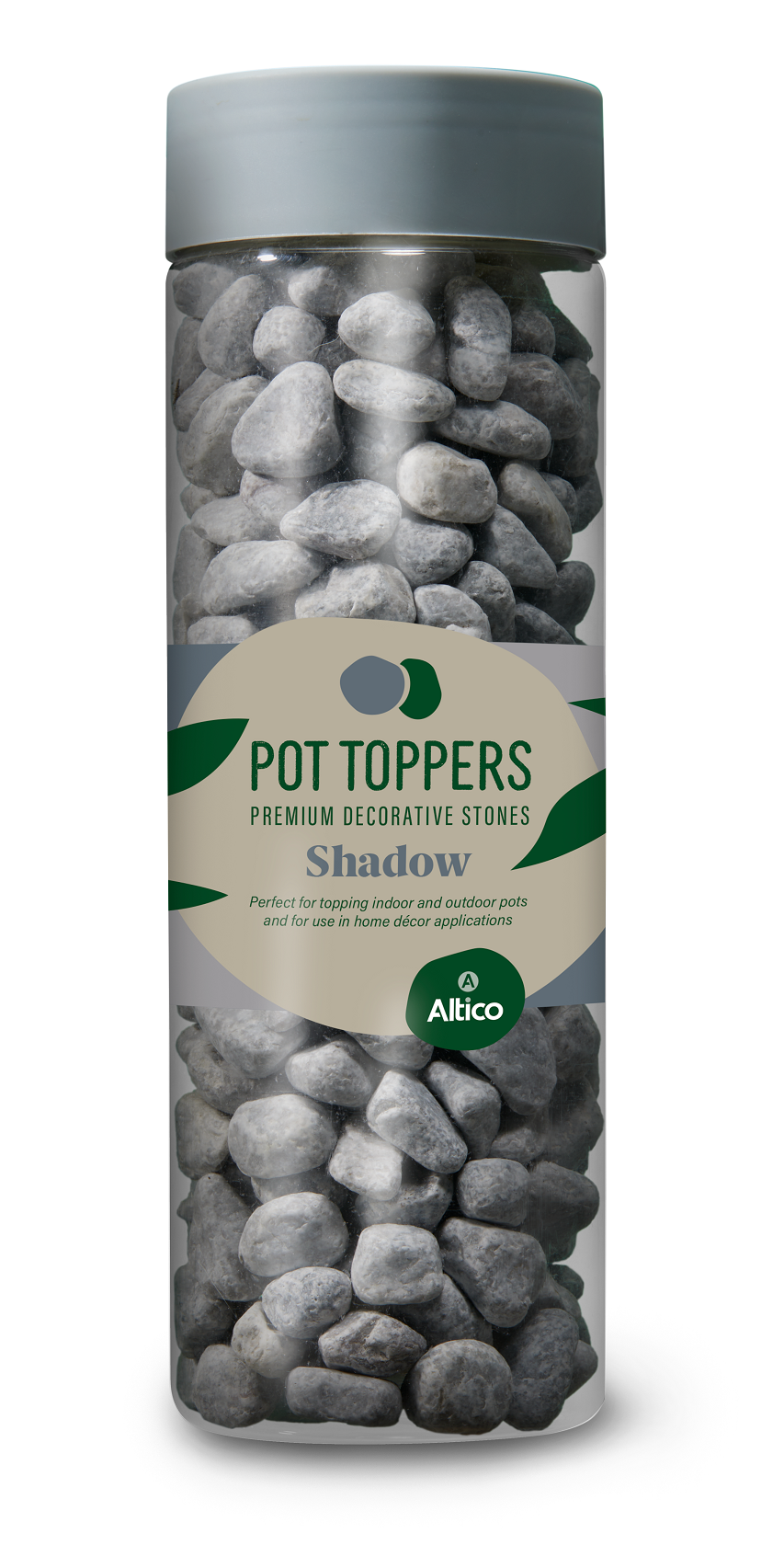 Clear plastic jar filled with gray decorative stones, labeled 