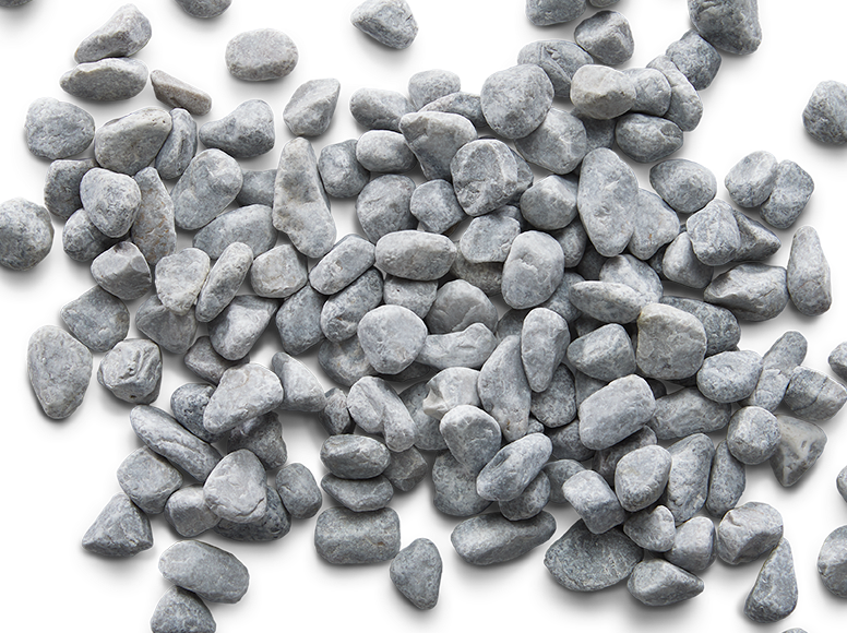 Pile of small, grey, rounded stones on a white background.