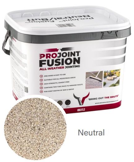 Bucket of ProJoint Fusion all-weather jointing in neutral color, with close-up of the material.