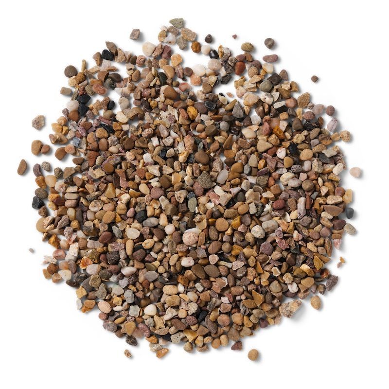 Pile of small, tan and brown pebbles on a white background.