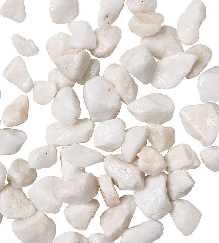 White, smooth, decorative landscaping pebbles on a white background.