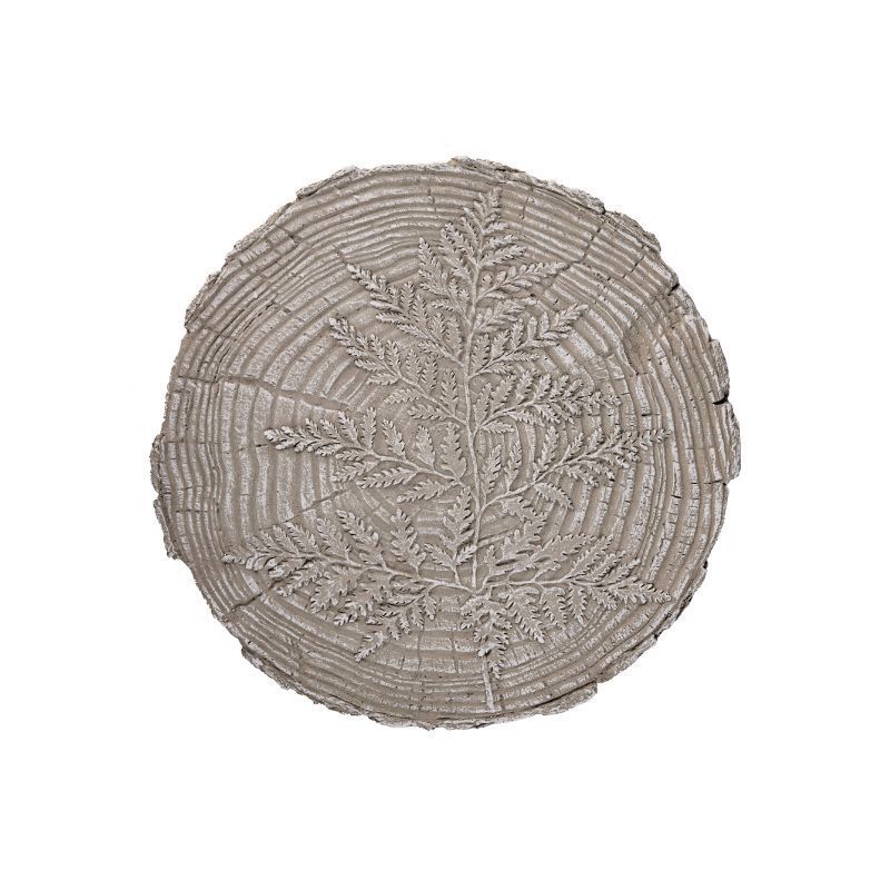 Circular wood slice coaster with embossed fern design.