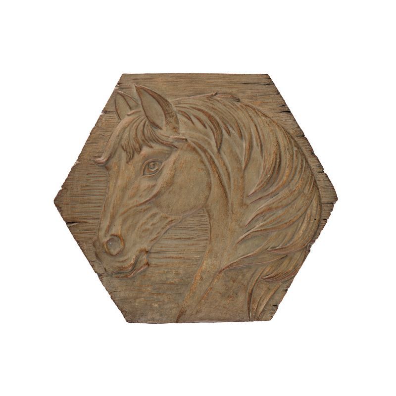 Hexagonal wooden plaque with a carved horse's head in profile.