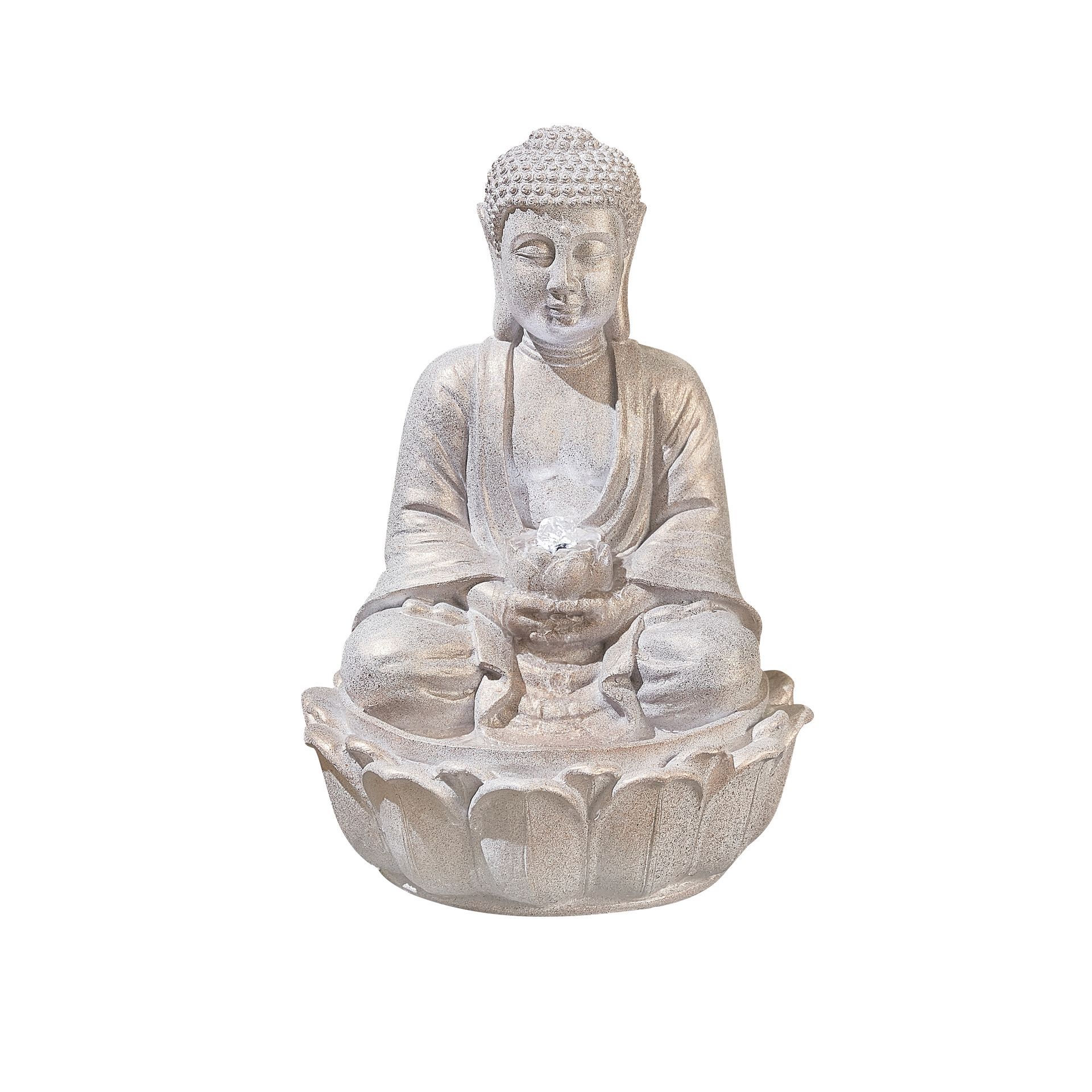 Otter fountain. Three otter figurines on a faux log. Water flows down the log into a small pool.