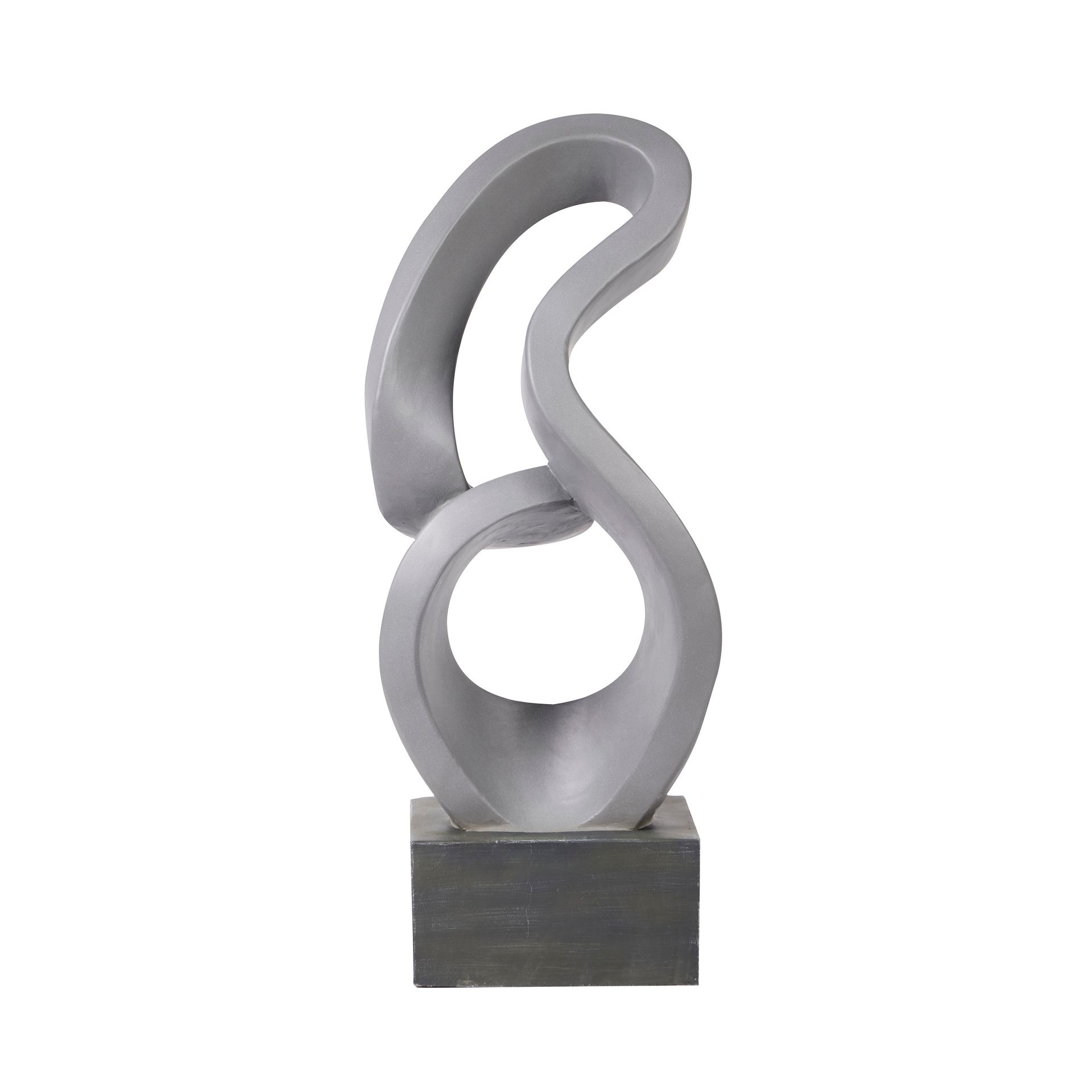 Abstract gray metal sculpture on a dark square base, with looping intertwined forms.