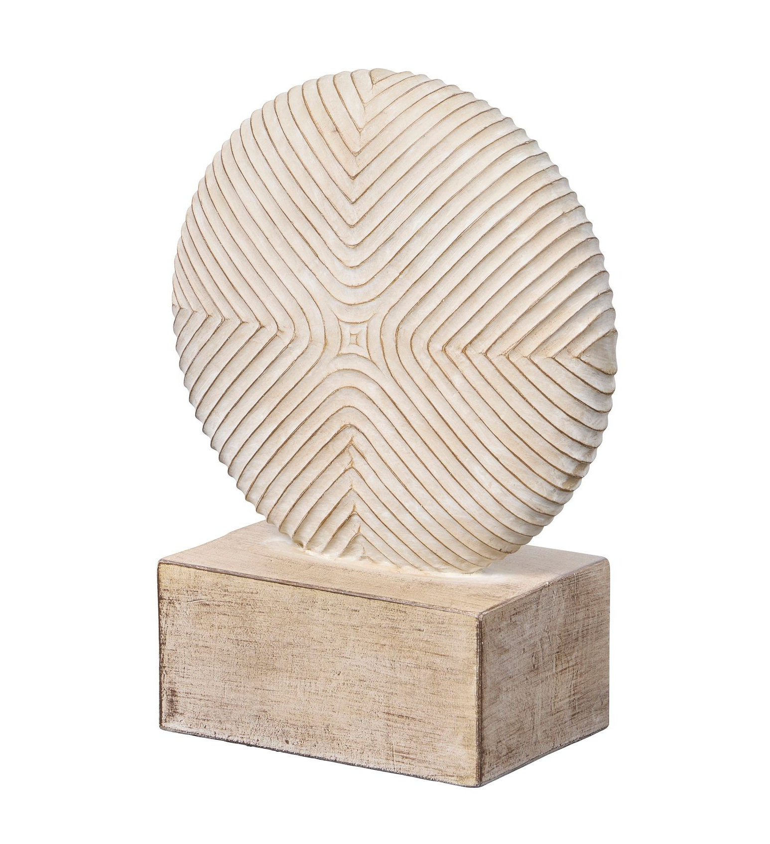 Abstract sculpture of a ridged, circular shape atop a square base, both light beige.