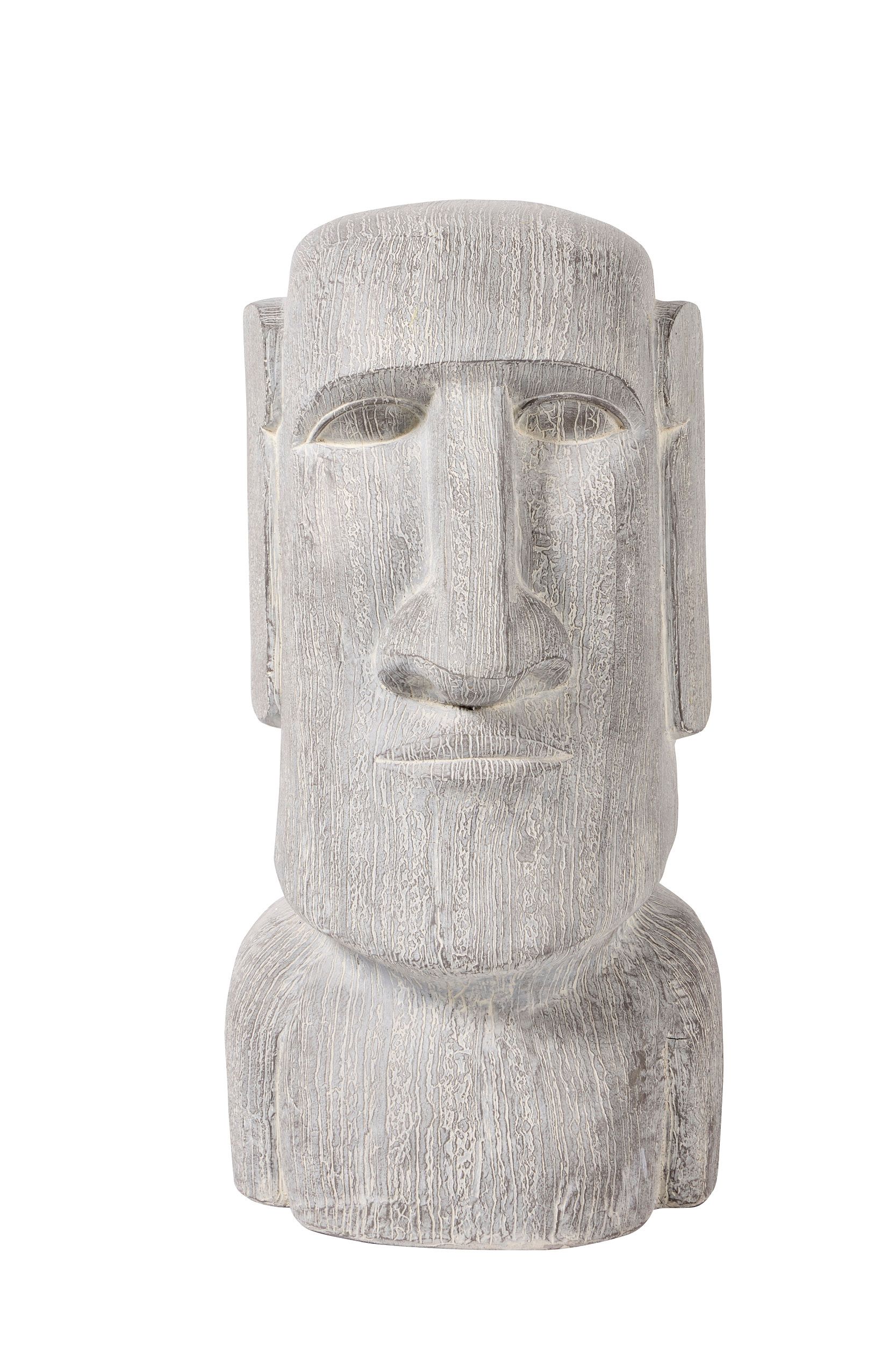 Statue of a Moai head, gray textured stone, stylized human face with prominent nose and ears.