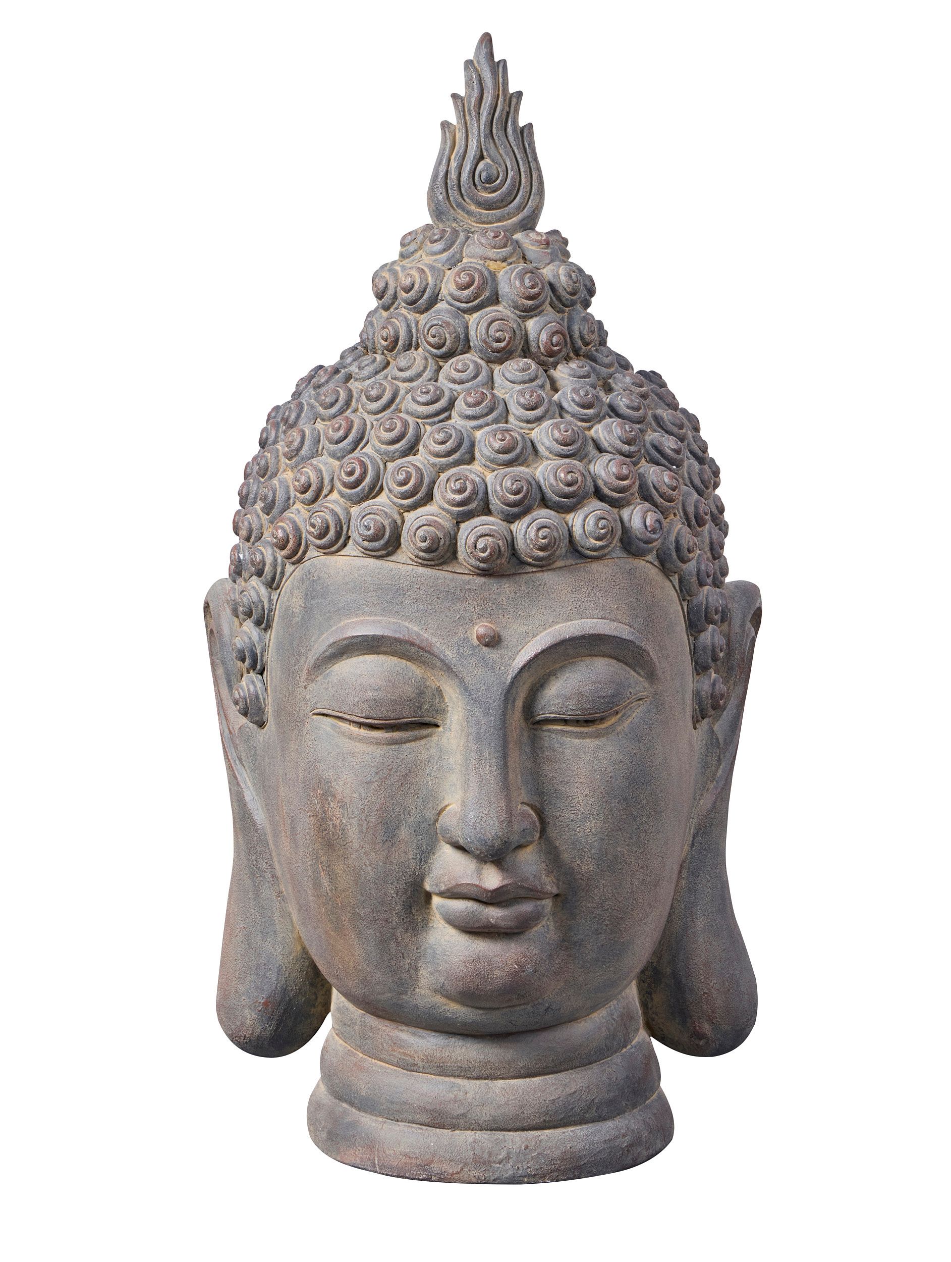 Stone Buddha head statue with closed eyes.