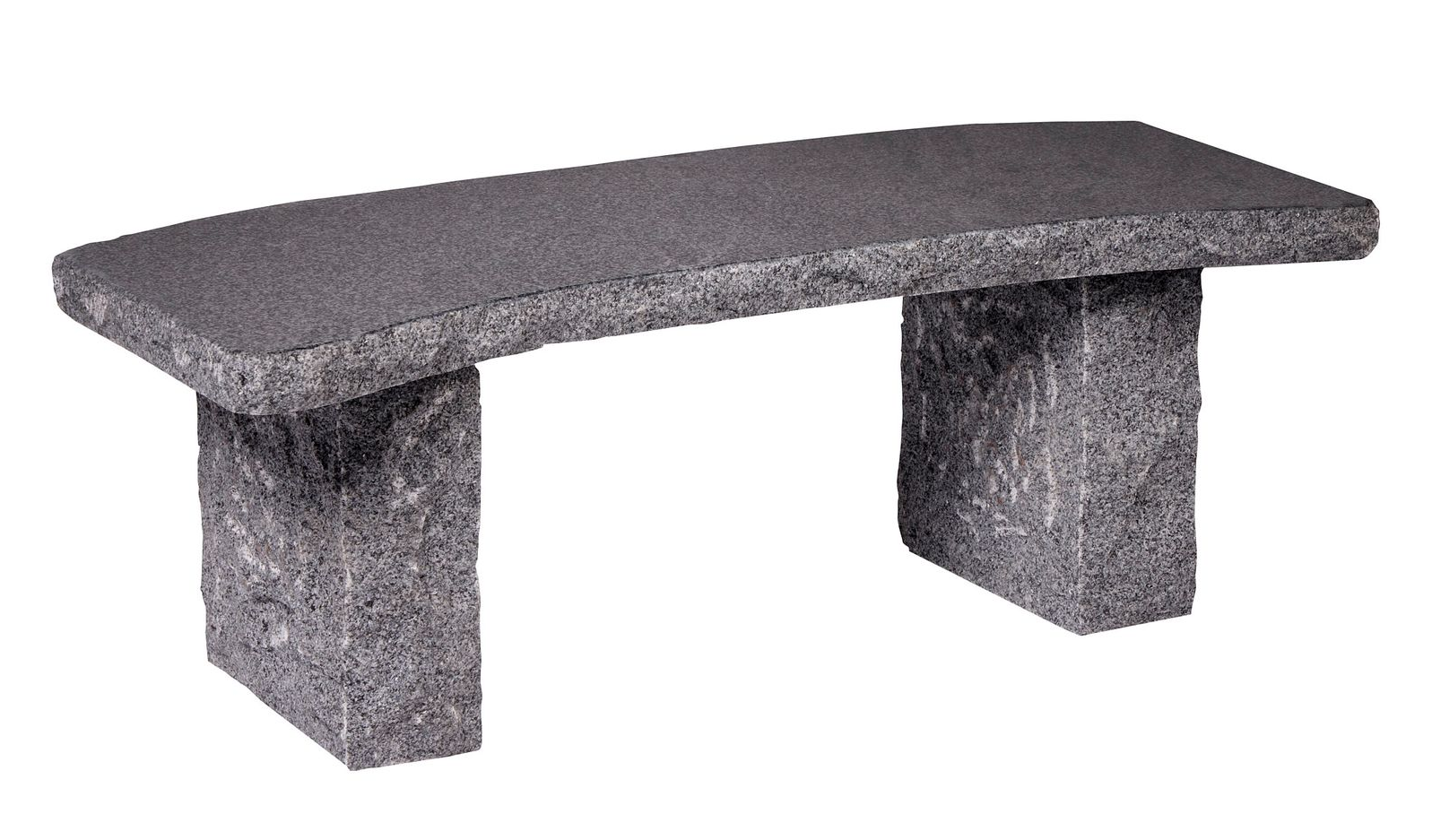 Gray granite bench, curved seat, two rectangular supports.
