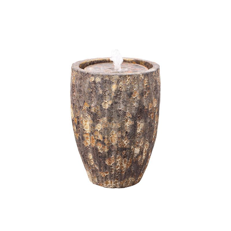 Water fountain in a textured brown and tan stone-like pot, with water spouting from the center.