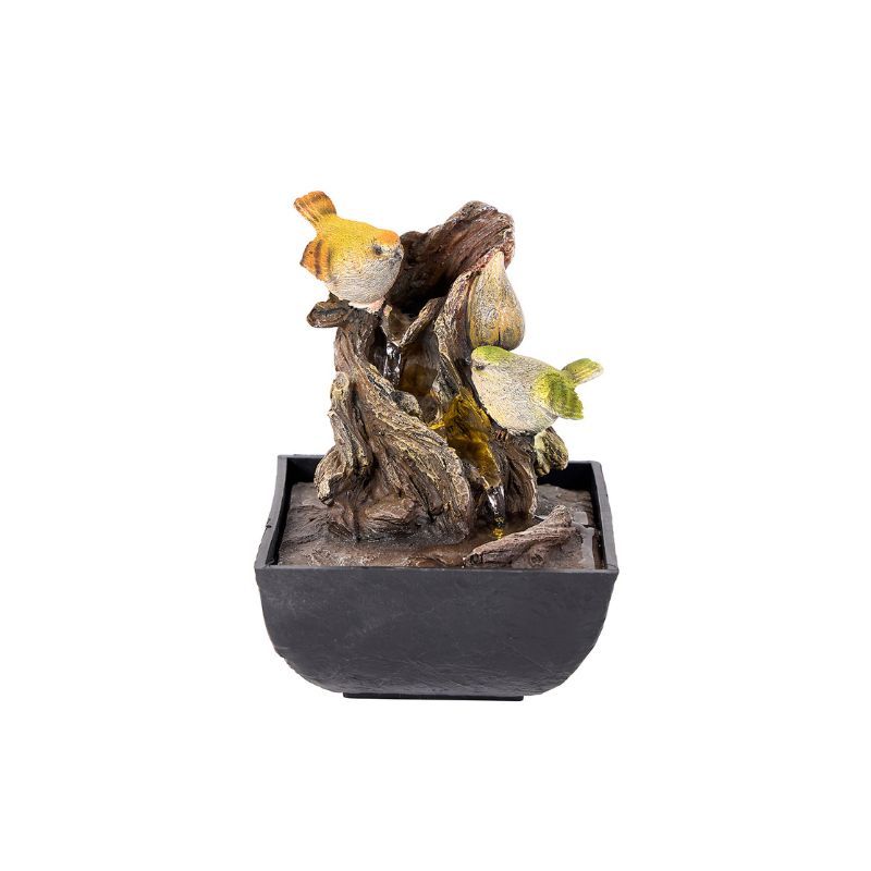 Decorative water fountain with two bird figurines perched on faux wood.