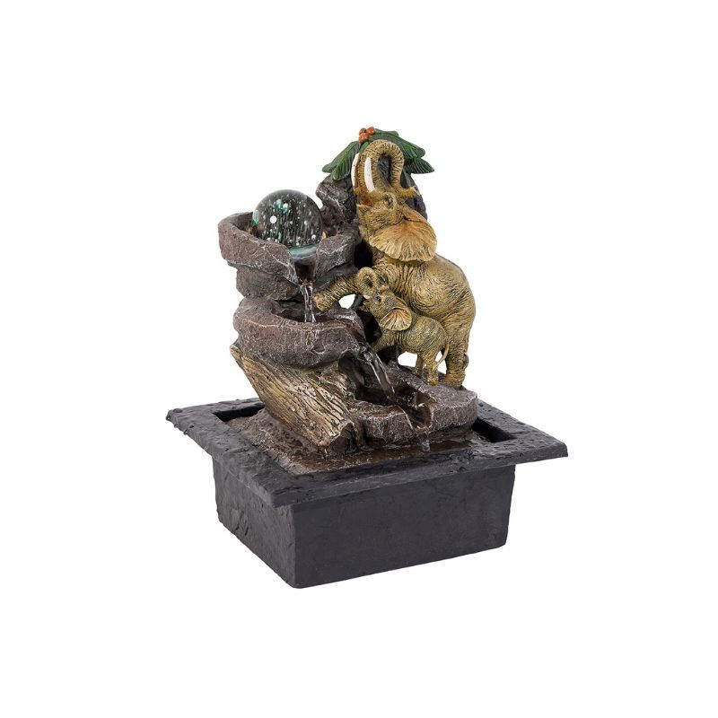 Elephant-themed water fountain. Features a waterfall, elephants, and a globe, with a black base.