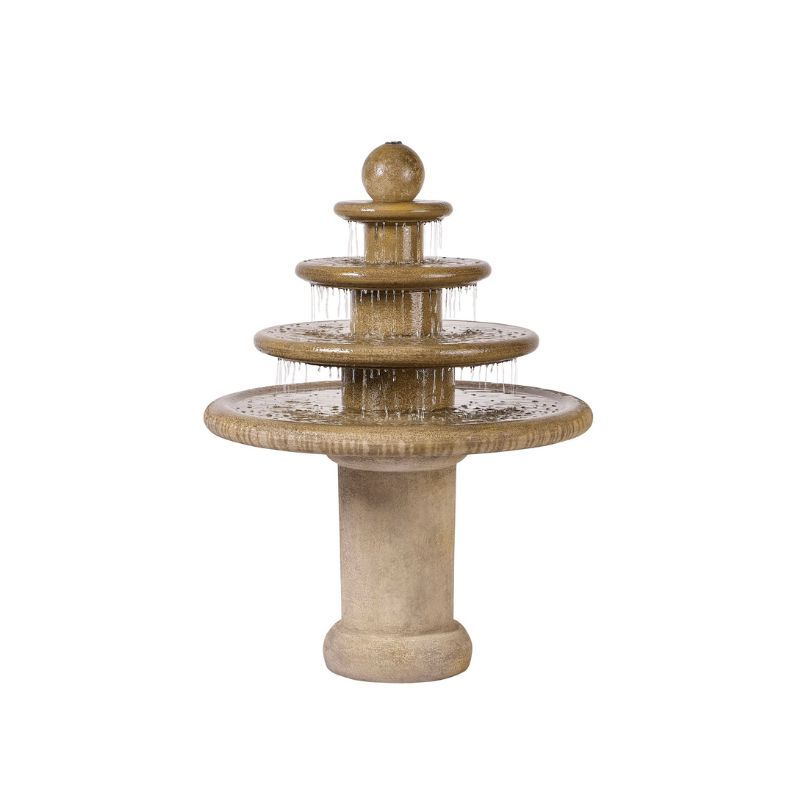 Tiered outdoor fountain with water flowing from each level, beige stone.
