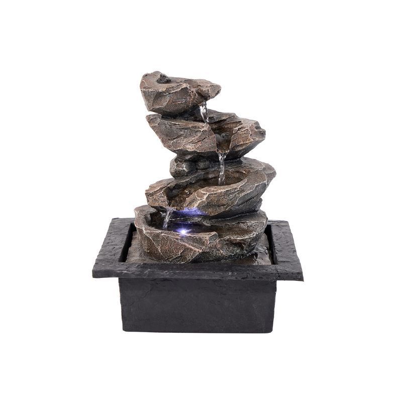 Rock-shaped indoor water fountain, water cascading down, black base, LED light.